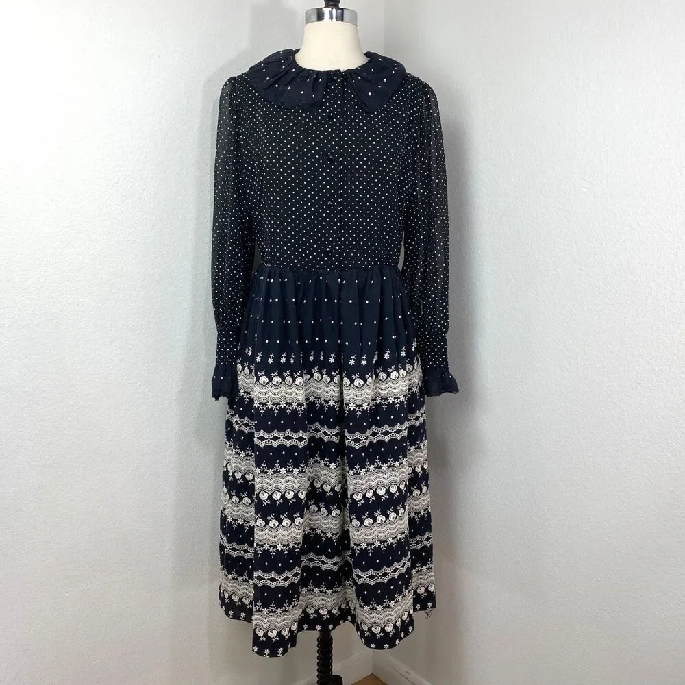Vtg Black White Embroidered Dress XL Polka Dots Button Front Long Sleeves Boho